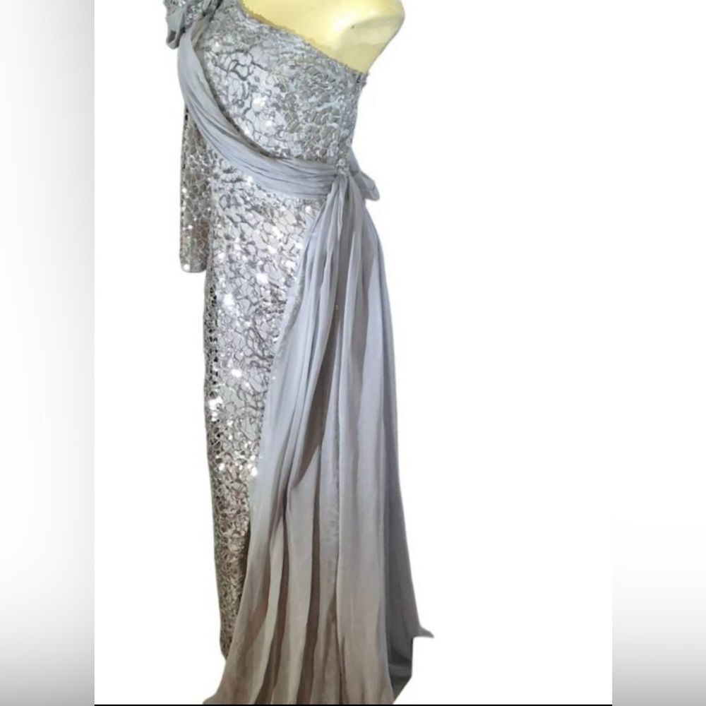 Elegant 80’s Style Silver Sequin One Shoulder Evening Gown Chiffon & Rose M - Picture 3 of 8
